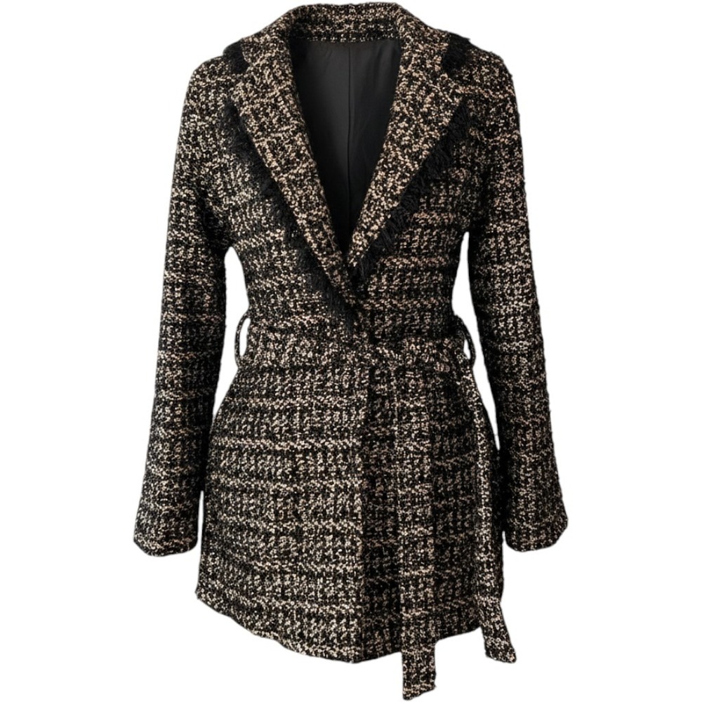 L'Agence Luba Tweed Fringe Belted Jacket Black Gold Wool Blend Size 0